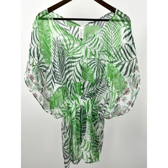West Loop Sheer Blouse Tropical Beachy Boho Green Palms One Size - Picture 1 of 7